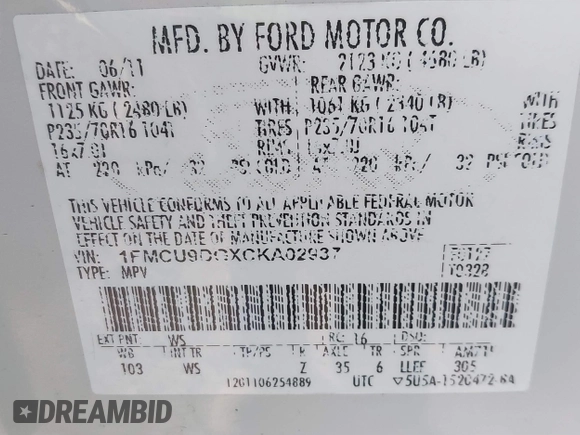 2012 Ford Escape XLT с VIN 1FMCU9DGXCKA02937, выставлен на аукционе IAAI как лот 41739446 с пробегом 136 199 миль миль и . История ставок и продаж доступна на DreamBid. Изображение 9.