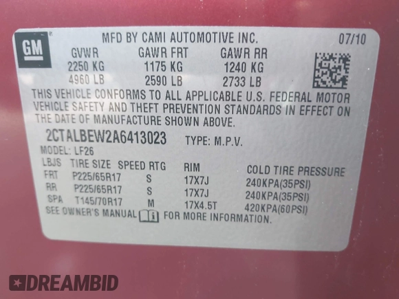 2010 GMC Terrain SLE-1 with VIN 2CTALBEW2A6413023, listed as a IAAI auction lot 42356044 with 83,622 mi miles and . Bid and sale history available at DreamBid. Image 9.