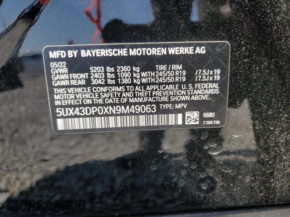 2022 BMW X3 sDrive30i with VIN 5UX43DP0XN9M49063, listed as a Copart auction lot 51497305 with 15,962 mi miles and Salvage Title. Bid and sale history available at DreamBid. Image 15.