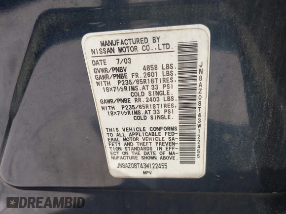 2003 Nissan Murano SL with VIN JN8AZ08T43W122455, listed as a IAAI auction lot 41560795 with 137,655 mi miles and . Bid and sale history available at DreamBid. Image 9.