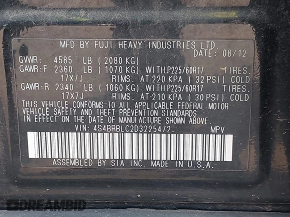 2013 Subaru Outback Limited с VIN 4S4BRBLC2D3225472, выставлен на аукционе IAAI как лот 42455053 с пробегом 200 487 миль миль и . История ставок и продаж доступна на DreamBid. Изображение 9.