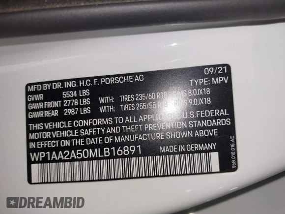 2021 Porsche Macan with VIN WP1AA2A50MLB16891, listed as a IAAI auction lot 41875618 with 21,416 mi miles and . Bid and sale history available at DreamBid. Image 9.
