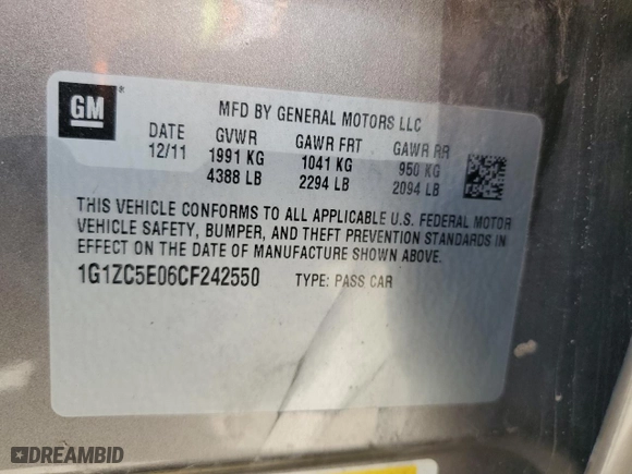2012 Chevrolet Malibu LT w/1LT with VIN 1G1ZC5E06CF242550, listed as a Copart auction lot 46358525 with 197,751 mi miles and Salvage Title. Bid and sale history available at carsss.com. Image 12.