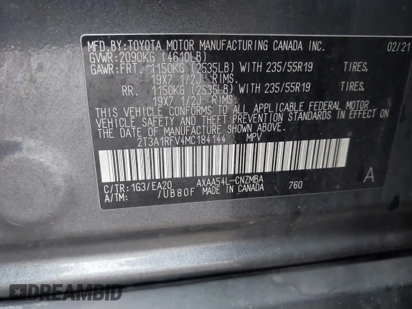 2021 Toyota RAV4 XLE Premium с VIN 2T3A1RFV4MC184144, выставлен на аукционе IAAI как лот 41541562 с пробегом 76 326 миль миль и . История ставок и продаж доступна на DreamBid. Изображение 9.