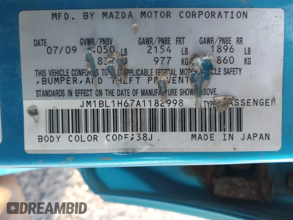 2010 Mazda 3 S Sport with VIN JM1BL1H67A1182998, listed as a IAAI auction lot 42215035 with 212,422 mi miles and . Bid and sale history available at DreamBid. Image 9.