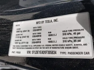 2019 Tesla Model 3 Mid Range with VIN 5YJ3E1EA2KF305834, listed as a IAAI auction lot 41719610 with 126,333 mi miles and . Bid and sale history available at DreamBid. Image 9.