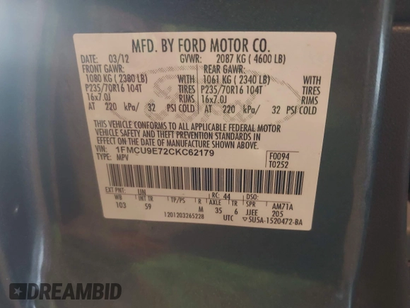 2012 Ford Escape Limited with VIN 1FMCU9E72CKT62179, listed as a IAAI auction lot 42693919 with 100,033 mi miles and . Bid and sale history available at DreamBid. Image 9.