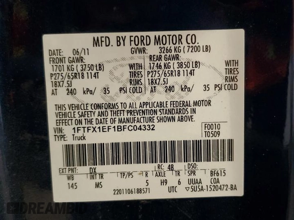 2011 Ford F-150 XL z VIN 1FTFX1EF1BFC04332, wystawiony jako Copart lot #60707425 z przebiegiem 158 940 mil mil oraz Czysty tytuł • Clean title. Historia ofert i sprzedaży dostępna na DreamBid. Obrazek 12.
