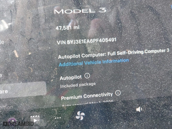 2023 Tesla Model 3 with VIN 5YJ3E1EA6PF405491, listed as a IAAI auction lot 41851797 with 47,581 mi miles. Bid and sale history available at carsss.com. Image 16.