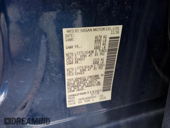 2017 Nissan Titan XD PRO-4X with VIN 1N6BA1F46HN519362, listed as a Copart auction lot 82225564 with 110,349 mi miles and Salvage Title. Bid and sale history available at carsss.com. Image 12.