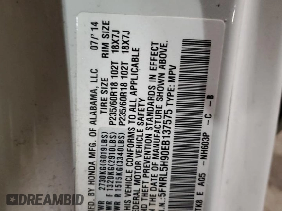 2014 Honda Odyssey Touring with VIN 5FNRL5H90EB137575, listed as a Copart auction lot 54606535 with 168,714 mi miles and Salvage title. Bid and sale history available at DreamBid. Image 13.