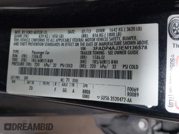 2014 Ford Fiesta S with VIN 3FADP4AJ3EM136578, listed as a IAAI auction lot 42300263 with 122,099 mi miles and . Bid and sale history available at DreamBid. Image 9.