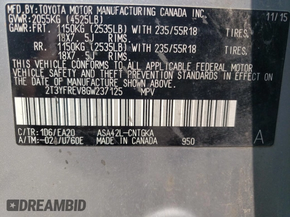 2016 Toyota RAV4 Limited with VIN 2T3YFREV8GW237125, listed as a Copart auction lot 60002385 with 169,070 mi miles and Non repairable. Bid and sale history available at DreamBid. Image 13.