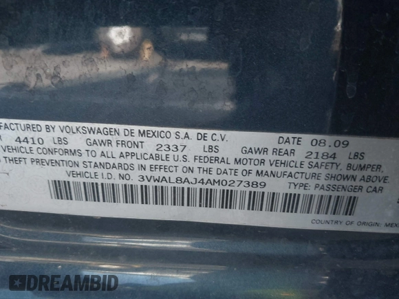 2010 Volkswagen Jetta with VIN 3VWAL8AJ4AM027389, listed as a IAAI auction lot 42392853 with 191,061 mi miles and . Bid and sale history available at DreamBid. Image 9.
