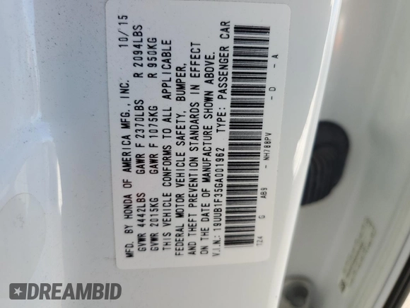 2016 Acura TLX with VIN 19UUB1F35GA001962, listed as a Copart auction lot 44261565 with 67,992 mi miles and Salvage title. Bid and sale history available at DreamBid. Image 12.