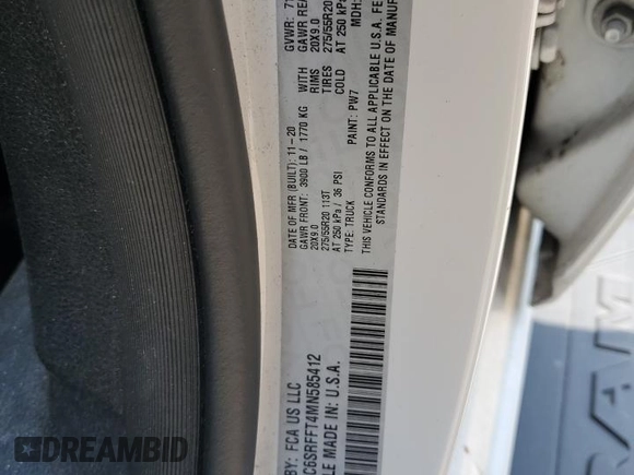 2021 Ram 1500 Big Horn with VIN 1C6SRFFT4MN585412, listed as a Copart auction lot 59391405 with 68,878 mi miles and Salvage title. Bid and sale history available at DreamBid. Image 13.