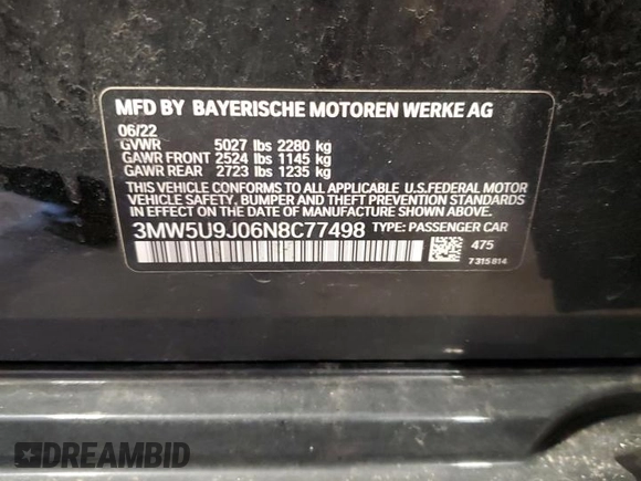 2022 BMW 3 Series M340i xDrive with VIN 3MW5U9J06N8C77498, listed as a Copart auction lot 50289925 with 39,537 mi miles and Salvage Title. Bid and sale history available at carsss.com. Image 12.