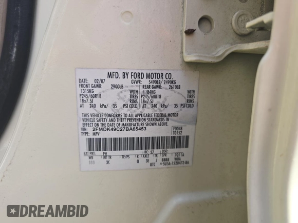 2007 Ford Edge SEL PLUS with VIN 2FMDK49C27BA65453, listed as a Copart auction lot 55037185 with 190,289 mi miles and Clean Title. Bid and sale history available at carsss.com. Image 10.