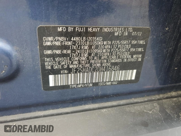 2013 Subaru Forester X Premium with VIN JF2SHADC2DH416846, listed as a Copart auction lot 63089935 with 201,205 mi miles and Salvage title. Bid and sale history available at DreamBid. Image 12.
