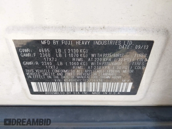 2014 Subaru Outback Limited with VIN 4S4BRDPC1E2236928, listed as a IAAI auction lot 42676244 with 84,017 mi miles and . Bid and sale history available at DreamBid. Image 9.