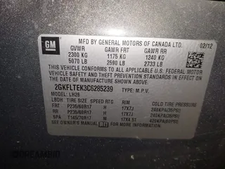 2012 GMC Terrain SLE-2 with VIN 2GKFLTEK3C6285239, listed as a IAAI auction lot 41535551 with 177,522 mi miles and . Bid and sale history available at carsss.com. Image 9.