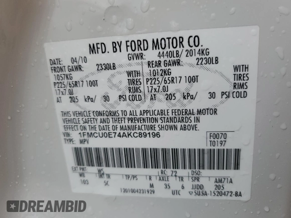 2010 Ford Escape Limited with VIN 1FMCU0E74AKC89196, listed as a Copart auction lot 50990585 with 144,830 mi miles and Salvage title. Bid and sale history available at DreamBid. Image 14.