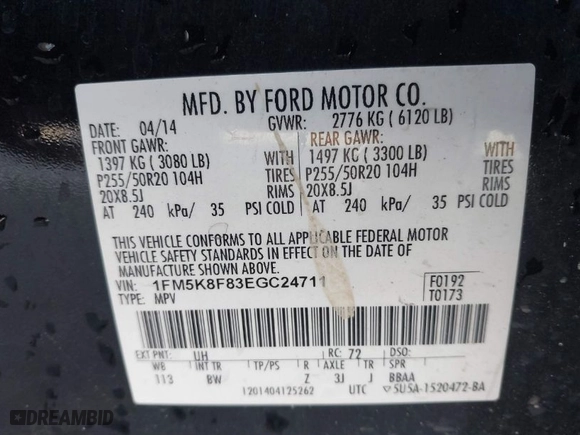 2014 Ford Explorer Limited with VIN 1FM5K8F83EGC24711, listed as a IAAI auction lot 41844179 with 164,249 mi miles. Bid and sale history available at carsss.com. Image 9.