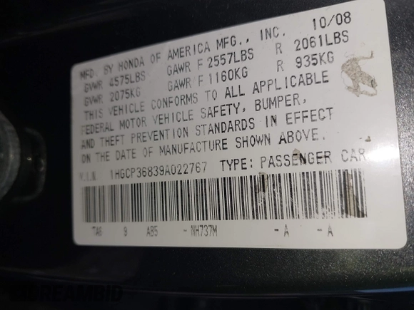 2009 Honda Accord EX-L with VIN 1HGCP36839A022767, listed as a IAAI auction lot 42119326 with 131,239 mi miles and . Bid and sale history available at DreamBid. Image 9.