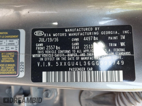 2016 Kia Optima EX with VIN 5XXGU4L36GG098749, listed as a IAAI auction lot 41191912 with 113,019 mi miles and . Bid and sale history available at DreamBid. Image 9.