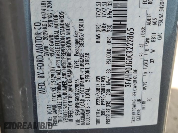 2012 Ford Fusion SEL with VIN 3FAHP0JG0CR222865, listed as a Copart auction lot 62716515 with 99,009 mi miles and Salvage title. Bid and sale history available at DreamBid. Image 12.