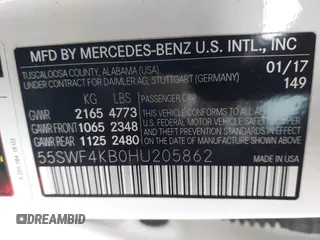 2017 Mercedes-Benz C 300 with VIN 55SWF4KB0HU205862, listed as a IAAI auction lot 41293902 with 110,854 mi miles and . Bid and sale history available at DreamBid. Image 9.