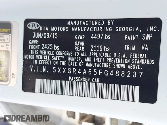 2015 Kia Optima SX Turbo with VIN 5XXGR4A65FG488237, listed as a IAAI auction lot 41978359 with 157,216 mi miles and . Bid and sale history available at DreamBid. Image 9.