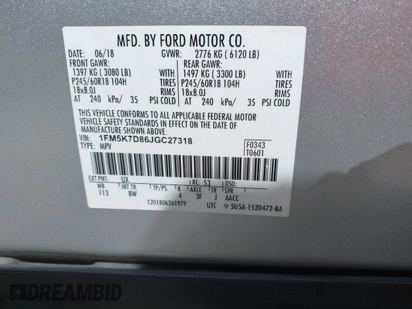 2018 Ford Explorer XLT with VIN 1FM5K7D86JGC27318, listed as a IAAI auction lot 41923567 with 120,333 mi miles and . Bid and sale history available at DreamBid. Image 9.