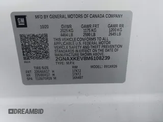 2021 Chevrolet Equinox LT with VIN 2GNAXKEV8M6108239, listed as a IAAI auction lot 41808204 with 92,752 mi miles. Bid and sale history available at carsss.com. Image 9.