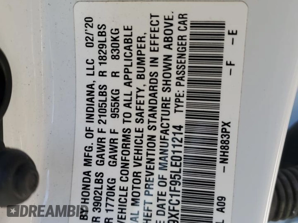 2020 Honda Civic Sedan Touring with VIN 19XFC1F95LE011214, listed as a Copart auction lot 42718735 with 81,185 mi miles and Salvage Title. Bid and sale history available at carsss.com. Image 14.