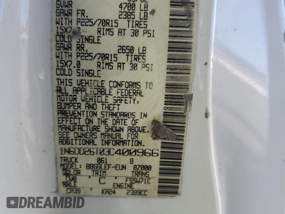 2003 Nissan Frontier XE with VIN 1N6DD26T03C400966, listed as a Copart auction lot 55981225 with 249,219 mi miles and Clean title. Bid and sale history available at DreamBid. Image 12.