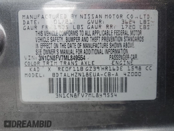 2021 Nissan Versa SR z VIN 3N1CN8FV7ML849554, wystawiony jako Copart lot #49705365 z przebiegiem 72 908 mil mil oraz Szkoda całkowita • Salvage title. Historia ofert i sprzedaży dostępna na DreamBid. Obrazek 12.