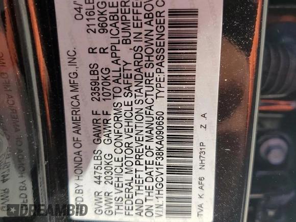 2019 Honda Accord Sport with VIN 1HGCV1F38KA090650, listed as a Copart auction lot 63374355 with 113,259 mi miles and Non repairable. Bid and sale history available at DreamBid. Image 12.