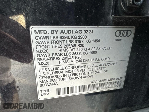 2021 Audi Q7 Premium Plus with VIN WA1LJAF78MD032627, listed as a Copart auction lot 50009015 with 128,942 mi miles and Clean title. Bid and sale history available at DreamBid. Image 10.