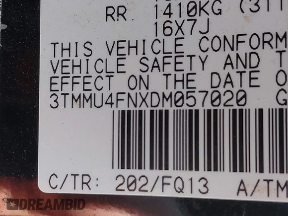 2013 Toyota Tacoma with VIN 3TMMU4FNXDM057020, listed as a IAAI auction lot 42560987 with 177,333 mi miles and . Bid and sale history available at DreamBid. Image 9.