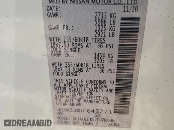 2020 Nissan Pathfinder SL z VIN 5N1DR2CNXLC643271, wystawiony jako Copart lot #43606295 z przebiegiem 35 080 mil mil oraz Szkoda całkowita • Salvage title. Historia ofert i sprzedaży dostępna na DreamBid. Obrazek 12.