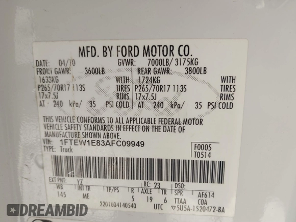 2010 Ford F-150 XL с VIN 1FTEW1E83AFC09949, выставлен на аукционе IAAI как лот 41540611 с пробегом Не указан миль и . История ставок и продаж доступна на DreamBid. Изображение 9.