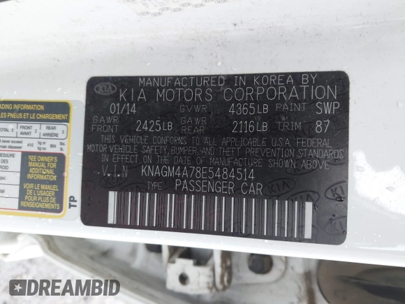 2014 Kia Optima LX z VIN KNAGM4A78E5484514, wystawiony jako IAAI lot #41227492 z przebiegiem 118 531 mil mil oraz . Historia ofert i sprzedaży dostępna na DreamBid. Obrazek 9.