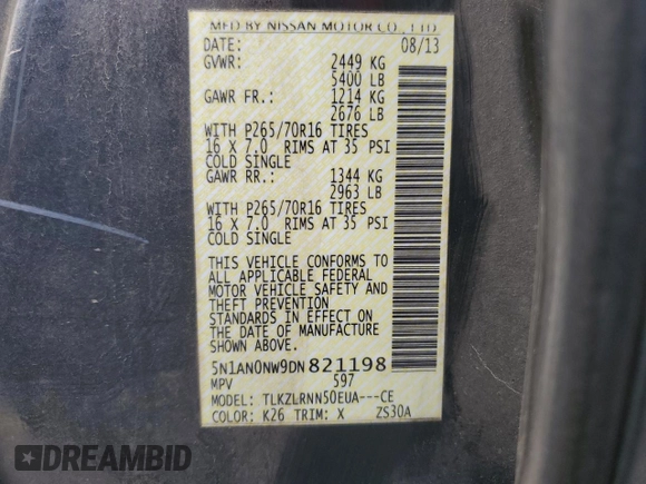 2013 Nissan Xterra S z VIN 5N1AN0NW9DN821198, wystawiony jako Copart lot #57106515 z przebiegiem 114 930 mil mil oraz Szkoda całkowita • Salvage title. Historia ofert i sprzedaży dostępna na DreamBid. Obrazek 14.