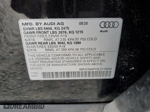 2020 Audi Q5 Prestige with VIN WA1CNAFY2L2116594, listed as a Copart auction lot 60760165 with 37,487 mi miles and Salvage title. Bid and sale history available at DreamBid. Image 14.