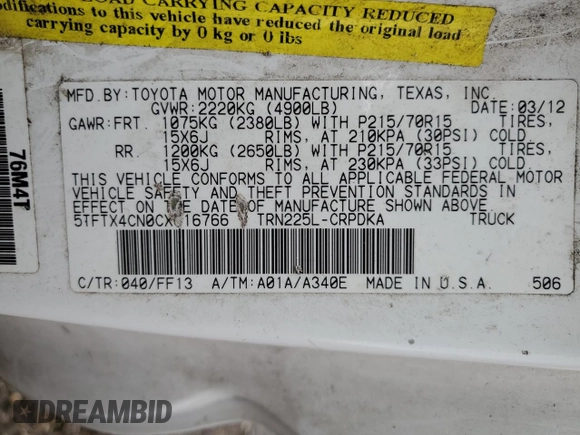 2012 Toyota Tacoma with VIN 5TFTX4CN0CX016766, listed as a Copart auction lot 50645225 with 199,203 mi miles and Salvage Title. Bid and sale history available at DreamBid. Image 12.