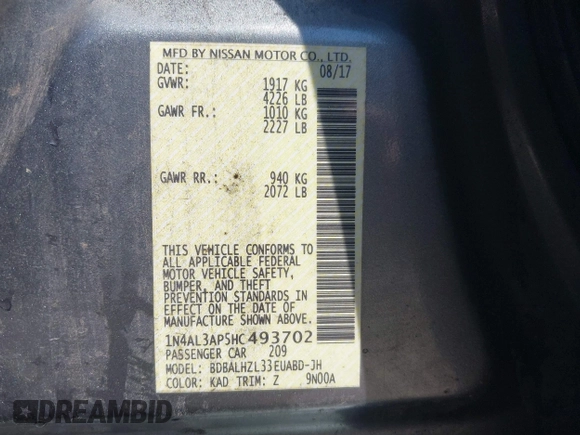2017 Nissan Altima SV with VIN 1N4AL3AP5HC493702, listed as a IAAI auction lot 42661383 with 195,280 mi miles and . Bid and sale history available at DreamBid. Image 9.