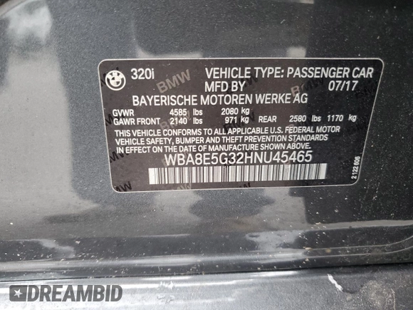 2017 BMW 3 Series 320i xDrive with VIN WBA8E5G32HNU45465, listed as a Copart auction lot 53291015 with 38,728 mi miles and Salvage title. Bid and sale history available at DreamBid. Image 12.