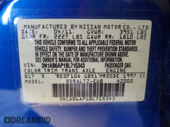 2011 Nissan Sentra S with VIN 3N1AB6AP1BL715343, listed as a Copart auction lot 62961625 with 147,530 mi miles and Salvage title. Bid and sale history available at DreamBid. Image 12.