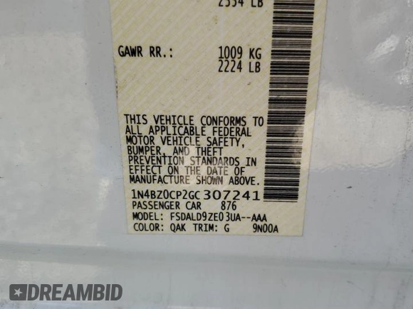 2016 Nissan LEAF S with VIN 1N4BZ0CP2GC307241, listed as a Copart auction lot 69562333 with Not Provided miles and . Bid and sale history available at DreamBid. Image 12.